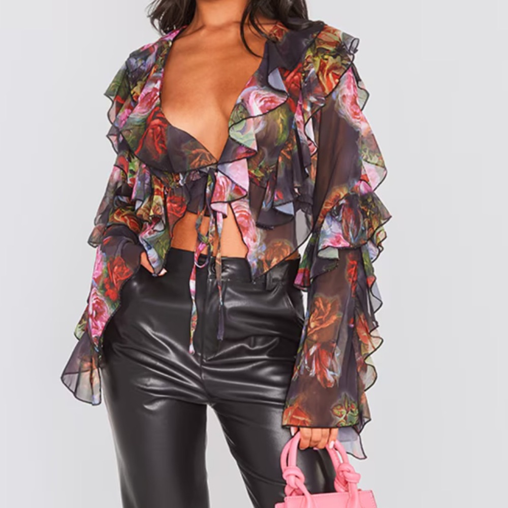 Floral Frill Tie Front Top with Flare Sleeves